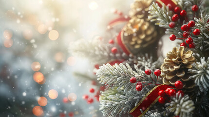 Frosty Christmas wreaths, with pinecones, berries, and festive ribbons, snowy accents, holiday designs close-up