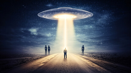 UFO, an alien saucer hovering over the field, hovering motionless in the air. Unidentified flying object, alien invasion, extraterrestrial life, space travel, spaceship. mixed media.