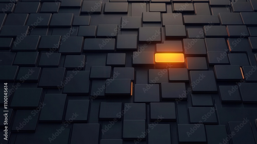 Poster a dark, textured surface composed of interlocking squares, featuring a single vibrant orange square,