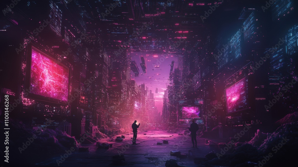 Poster a futuristic, neon-lit environment with digital screens and two figures, evoking a cyberpunk atmosph