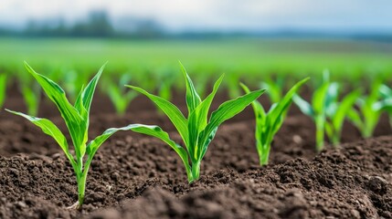 smart farming concept. A close-up of young corn plants growing in rich, dark soil under a bright sky, showcasing early-stage agricultural development.