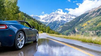 Fototapeta premium Luxurious Sports Car Parked on a Scenic Mountain Road Surrounded by Breathtaking Nature