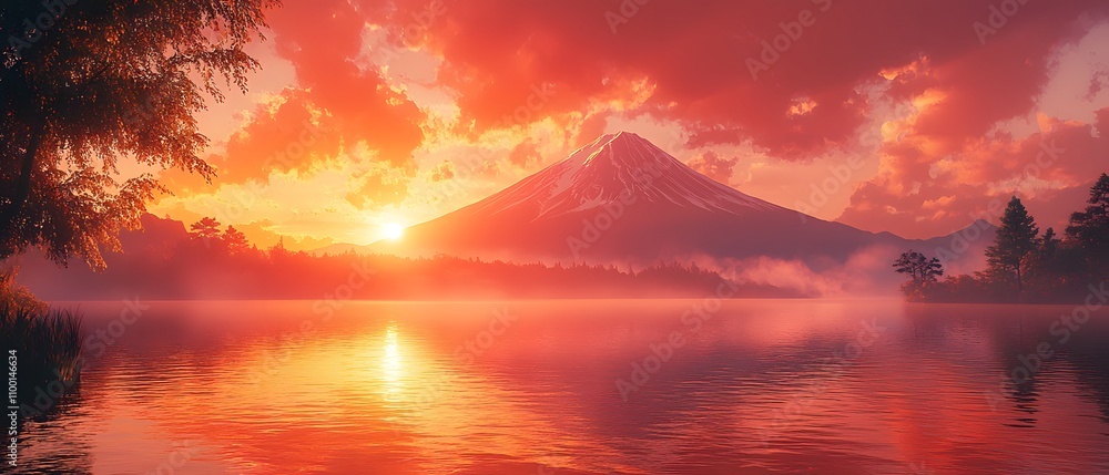 Poster majestic sunset over mount fuji with reflections on calm lake and vibrant clouds creating a serene l