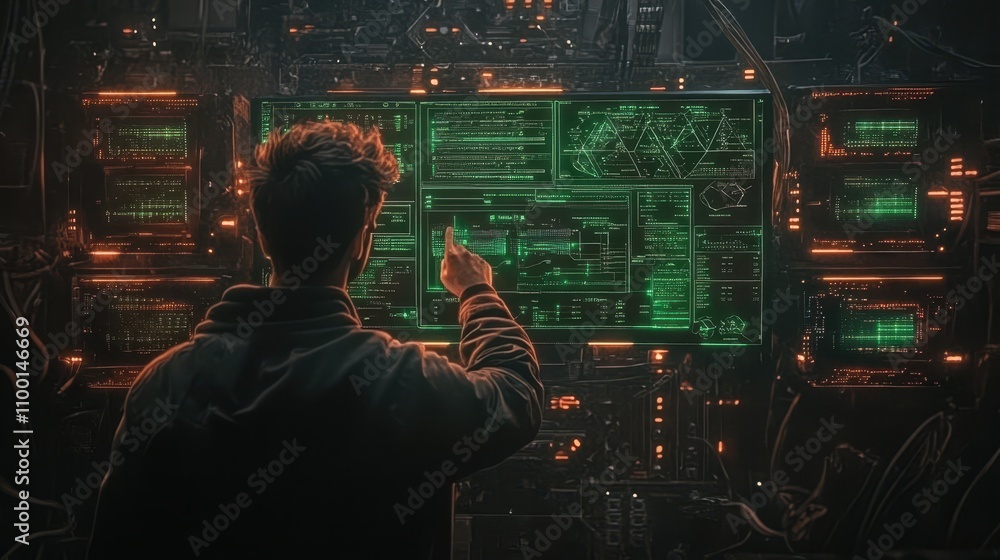 Poster a person interacts with a futuristic holographic interface, displaying green data on a dark, tech-he