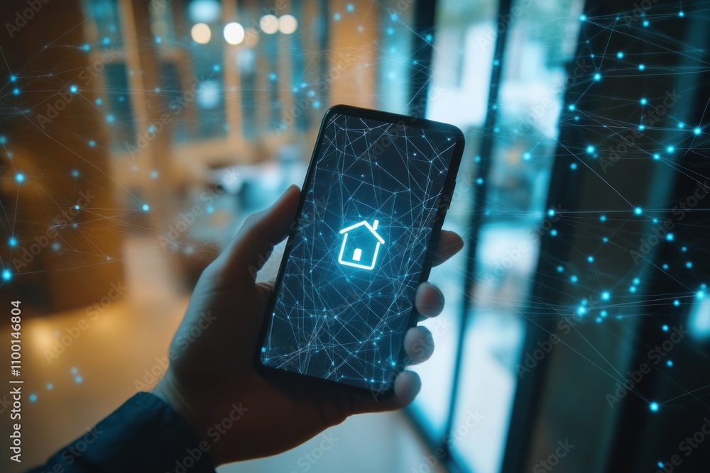 Poster hand holding smartphone displaying smart home interface.