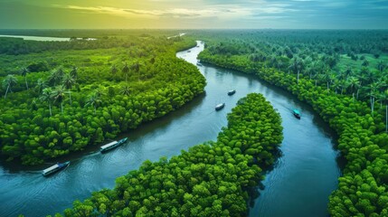 Fototapeta premium Aerial view of a winding river surrounded by lush green mangrove forests.