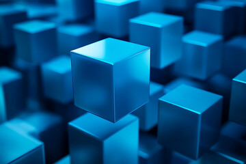 Obraz premium A blue abstract digital composition with floating data blocks and highlights, set against a dark background with shades of blue and teal, creating a futuristic, innovative