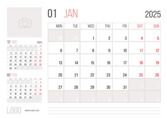 Calendar 2025 planner corporate template design January month