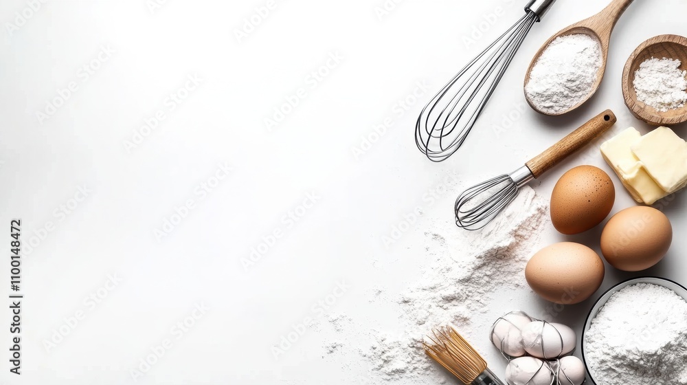 Poster Flour, eggs, a whisk, and butter are organized on a white backdrop, creating a perfect setup for baking with room for additional text. Generative AI