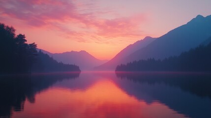 Obraz premium Serene Sunset Over Mountain Lake Reflections