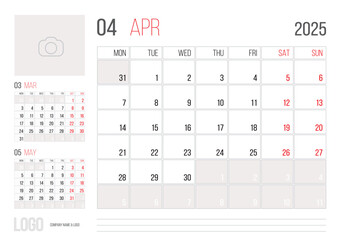 Calendar 2025 planner corporate template design of April month