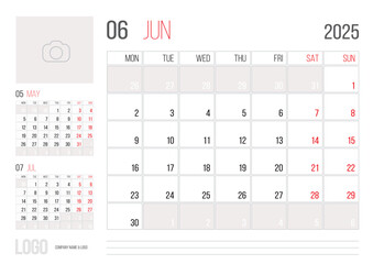 Calendar 2025 planner corporate template design of June month