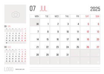 Calendar 2025 planner corporate template design of July month