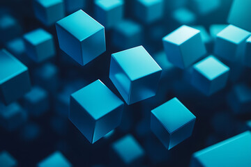 Obraz premium A blue abstract digital composition with floating data blocks and highlights, set against a dark background with shades of blue and teal, creating a futuristic, innovative