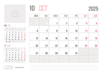 Calendar 2025 planner corporate template design of October month