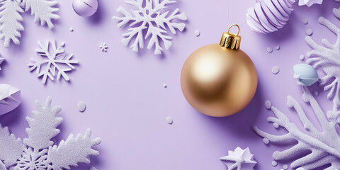 Fototapeta premium Stylized Christmas decoration with gold ornament and pastel snowflakes on purple background