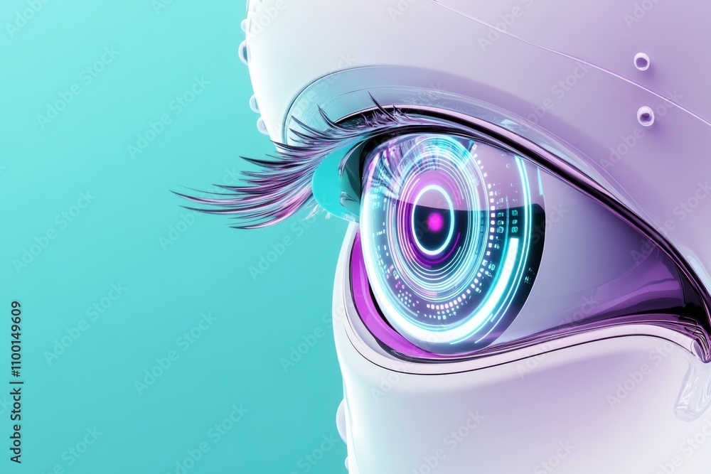 Aufkleber futuristic cyborg eye with high-tech digital interface in a minimalist setting