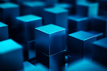 Obraz premium A blue abstract digital composition with floating data blocks and highlights, set against a dark background with shades of blue and teal, creating a futuristic, innovative