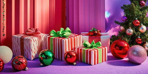 Colorful retro Christmas presents on a vibrant purple and pink backdrop for festive decor