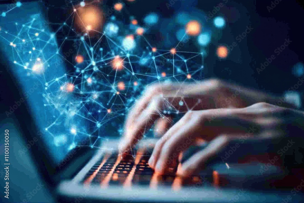 Poster hands typing on laptop with digital network connection.