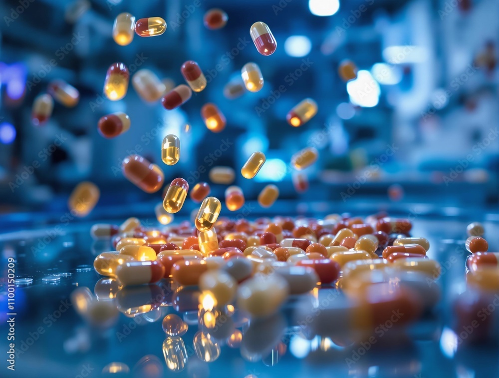 Aufkleber shiny golden capsules scattered on a surface with blurred background