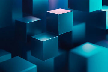 Obraz premium A blue abstract digital composition with floating data blocks and highlights, set against a dark background with shades of blue and teal, creating a futuristic, innovative