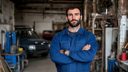 Obraz premium Confident Mechanic Standing in a Car Repair Shop with a Professional Attitude
