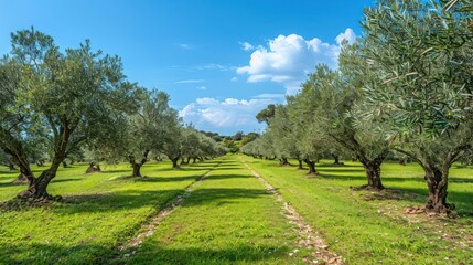 A serene olive grove with rows of trees under a bright blue sky.