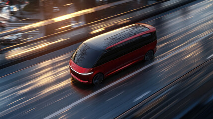 Obraz premium Futuristic red van on highway gliding smoothly past.