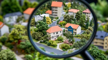 Magnified View of a Miniature Model Village Surrounded by Lush Greenery and Houses