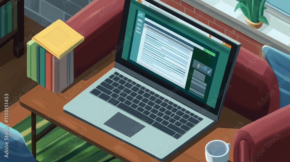Poster isometric view of a laptop screen showing accounting software in a cozy setting