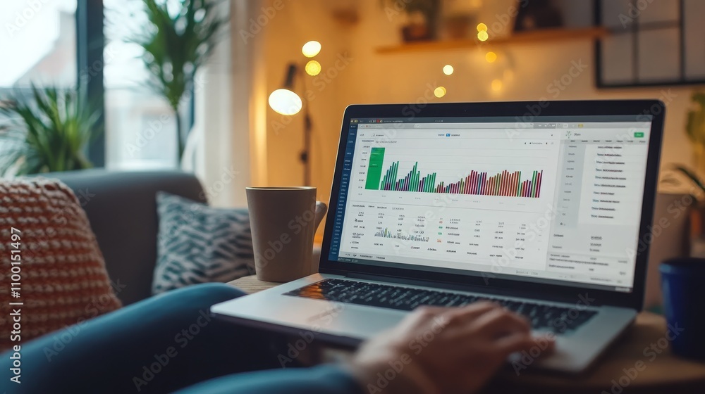 Poster isometric view of a laptop screen showing accounting software in a cozy setting