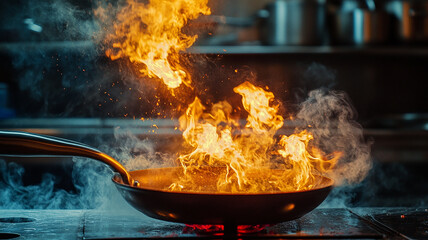 Flames dancing in pan heat, pan in kitchen with fire generated.AI