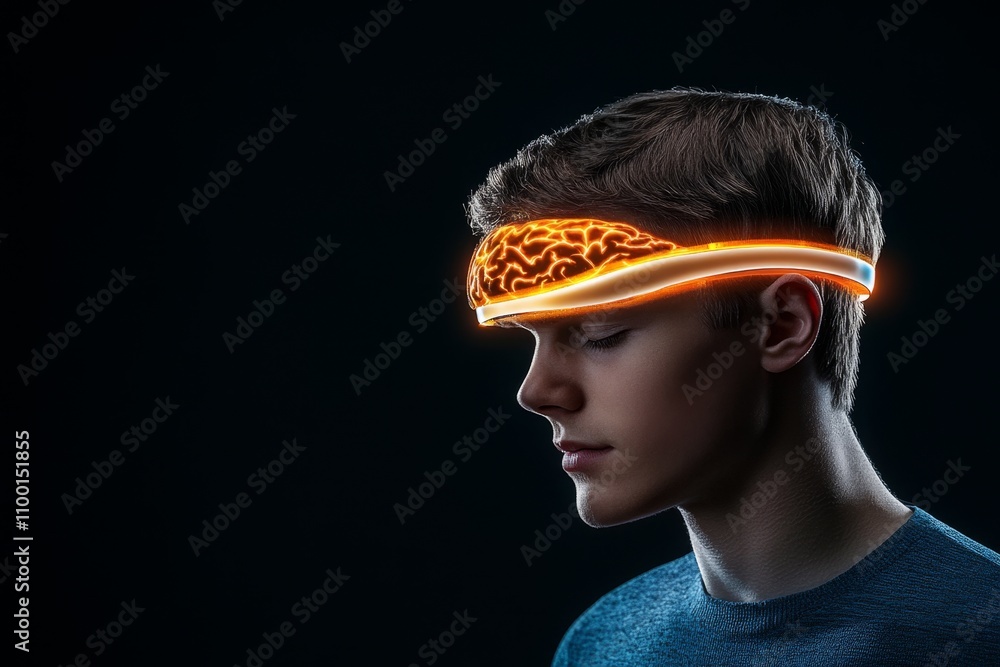 Poster A futuristic attention-tracking device glowing on a user forehead, with a holographic display showing brain activity