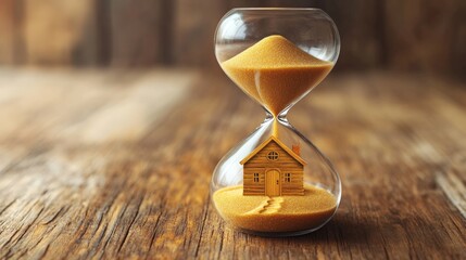 Miniature house in hourglass; time, home, property.