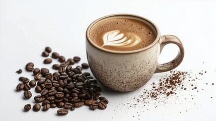 Fototapeta premium Beige speckled cup with cappuccino decorated with latte art, roasted coffee beans and ground coffee scattered on a clean white background creating a cozy and inviting scene