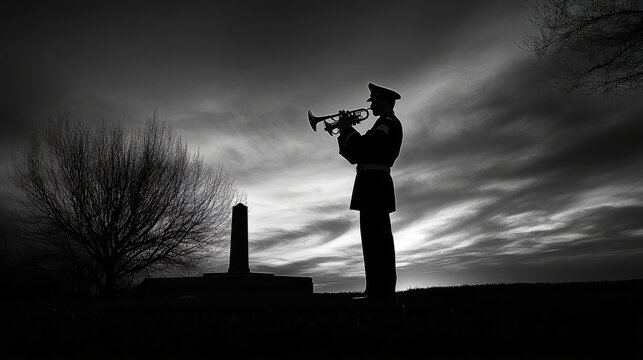 Silhouette of a military bugler performing Taps at a memorial site during sunset, symbolizing honor, remembrance, and reflection.