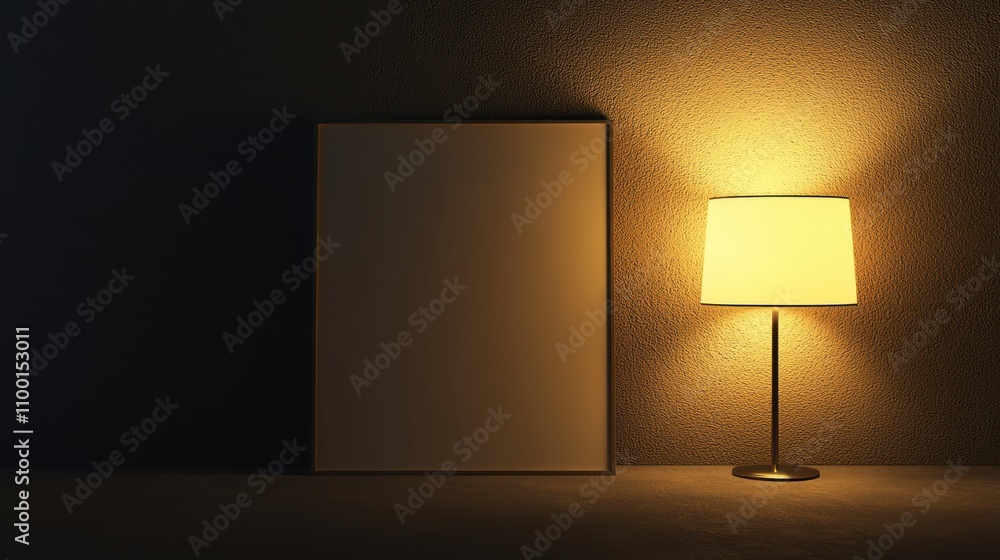 Poster a simple room features a blank canvas next to a softly glowing lamp, creating a serene atmosphere.