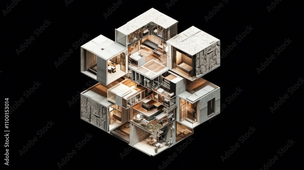 Poster isometric view of a complex, multi-level, modular building design with interconnected rooms and spac