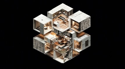 Obraz premium Isometric view of a complex, multi-level, modular building design with interconnected rooms and spaces.