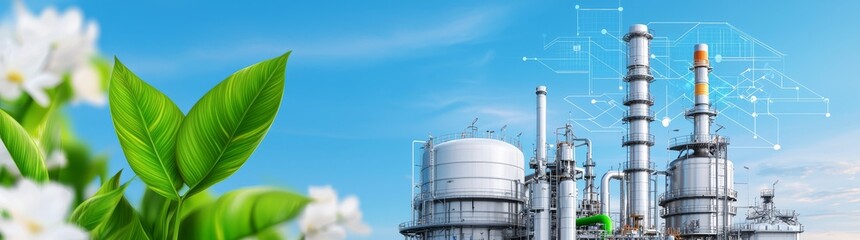 Obraz premium A green energy-focused industrial site, set amidst natural surroundings, symbolizing eco-friendly technology and renewable resources.