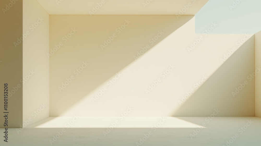 Poster a minimalist interior space with soft lighting creating geometric shadows and a serene atmosphere.