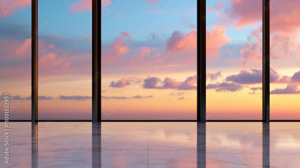 Poster a serene view through large glass windows showcasing a colorful sunset with soft clouds against a cl