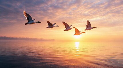 A flock of ducks flying in a clear blue sky
