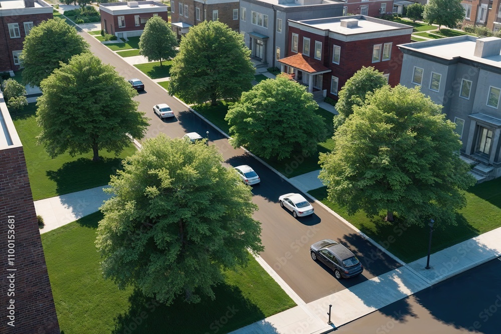Aufkleber three-dimensional rendering of suburban trees from an elevated perspective for urban landscape visua