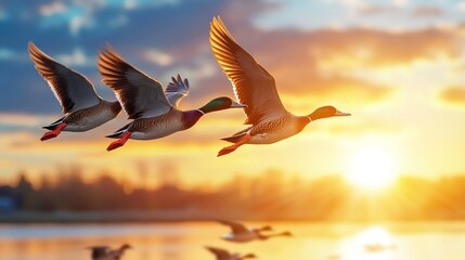 A flock of ducks flying in a clear blue sky