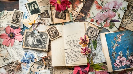 Retro collage stickers with flowers, stamps, quotes, and torn notebook sheets for trendy designs