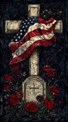 Obraz premium Illustration of a marble cross draped with an American flag, surrounded by red flowers, symbolizing remembrance and sacrifice.