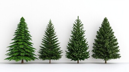 Obraz premium A photostock of lush green Christmas trees, including snowy variations, set on a pure white background, perfect for festive holiday promotions. High Quality