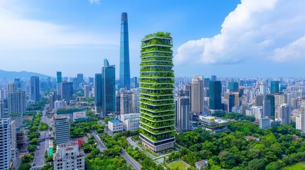 Obraz premium Modern skyscrapers featuring glowing leaf-shaped designs, advocating for eco-friendly urban planning.